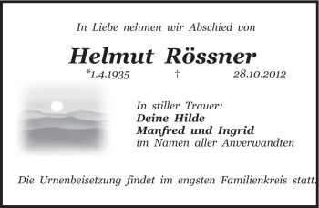 Traueranzeige von Helmut Rössner von Pegnitz-Zeitung